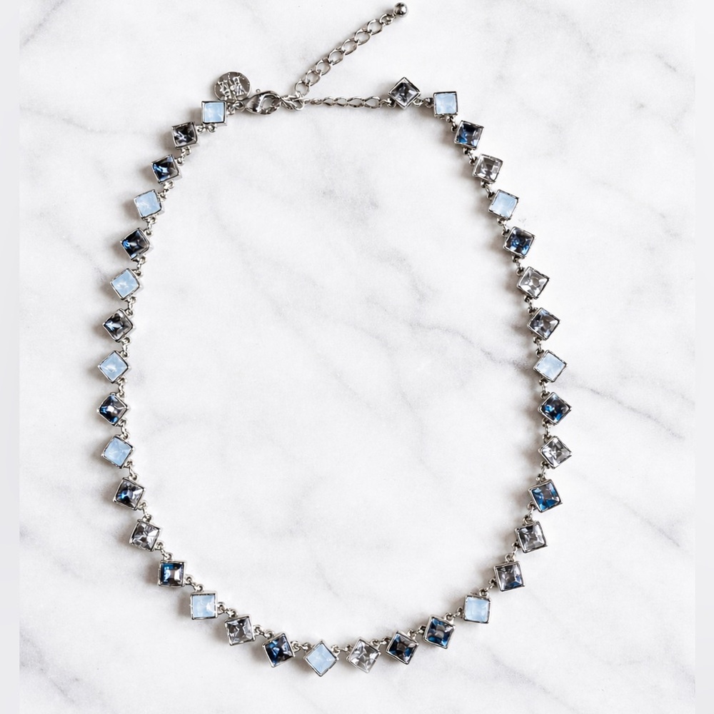 WHBM Crystal Statement Necklace Triangle Clear and Shades of Blue 16.5” to 19.5”